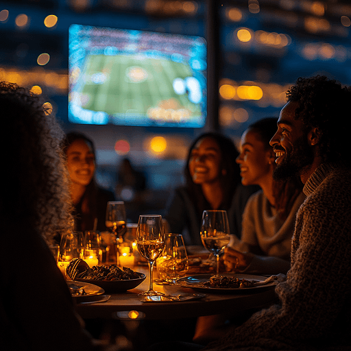 Un groupe de personnes dans un bar regardent un match autour d'une table